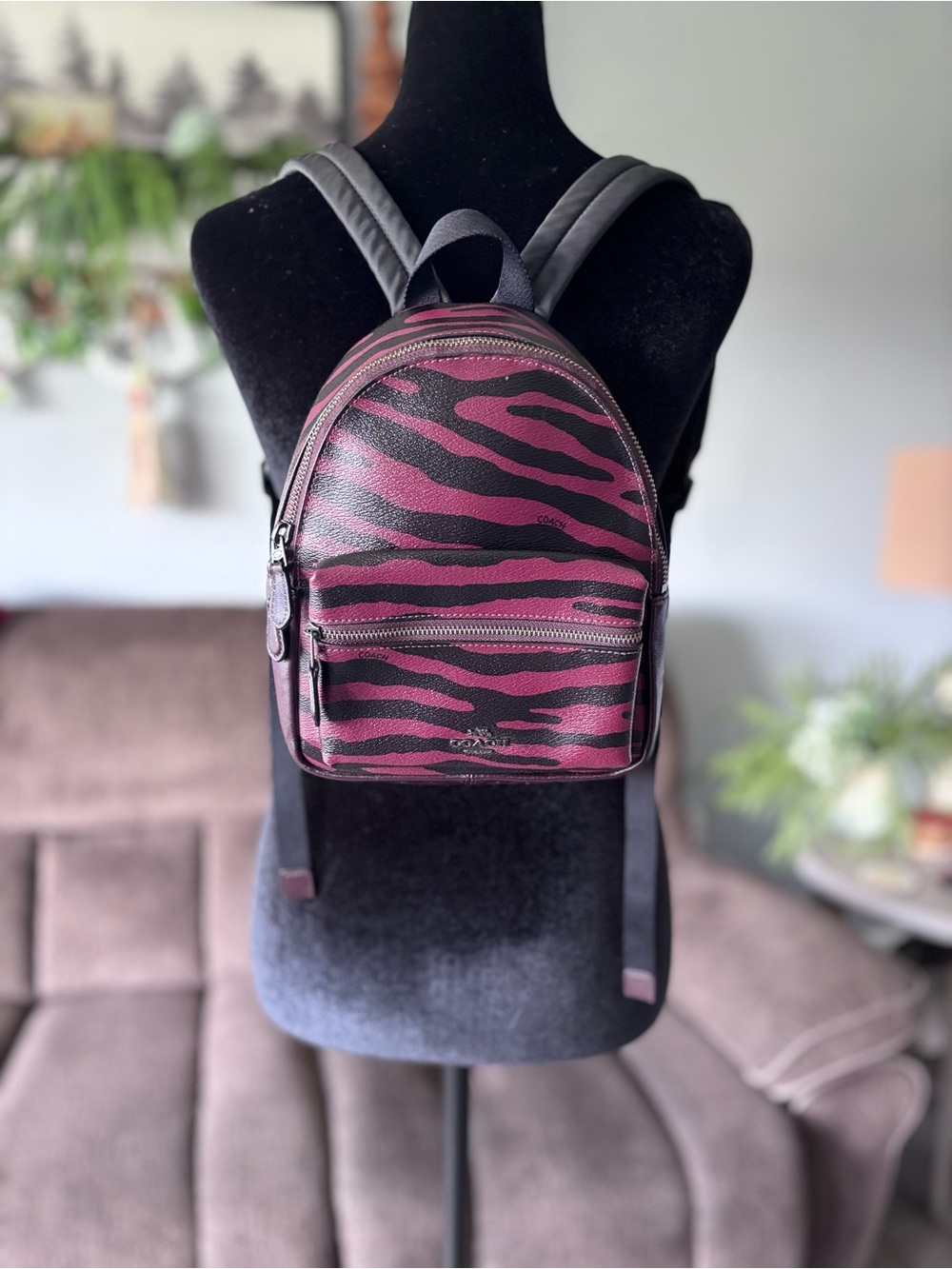 Coach Charlie Mini Backpack in burgundy and black Zebra Print F37880